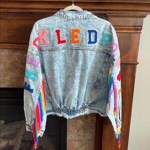 Stonewash denim jacket rainbow fringe BiBi Freckled Poppy XL pride cowgirl NWT